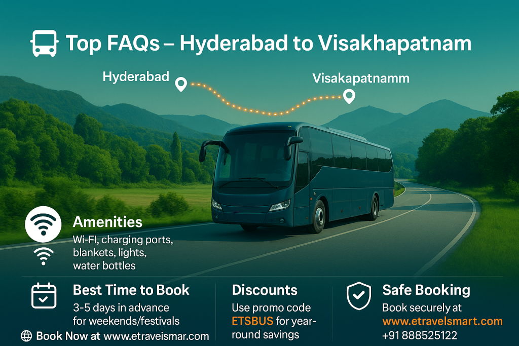 Top FAQ's - Hyderabad to Visakhapatnam
6. Are amenities like Wi-Fi and charging points available on buses?
Yes, most premium coaches provide Wi-Fi, charging ports, blankets, reading lights, and water bottles for passenger comfort.
7. Can I track my bus after booking?
Many operators provide live GPS tracking, and passengers receive updates via SMS/email after booking.
8. What is the best time to book Hyderabad to Visakhapatnam bus tickets?
It is recommended to book tickets 3–5 days in advance during weekends or festivals for guaranteed availability.
9. Are discounts available on Hyderabad to Visakhapatnam buses?
Yes, eTravelSmart offers year-round discounts with promo codes like ETSBUS, making travel more affordable.
10. How can I book my tickets online safely?
You can book securely on www.etravelsmart.com, which ensures transparent pricing, verified operators, and multiple payment options including UPI, cards, wallets, and net banking.
