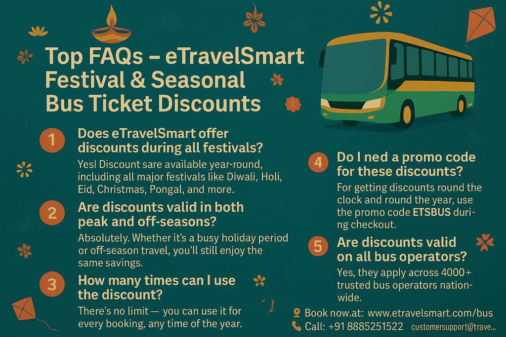 Top FAQ's - eTravelSmart Festival & Seasonal  Bus ticket discounts
Does eTravelSmart offer discounts during all festivals
Are discounts valid in both peak and off seasons
How many times can i use the discount
Do I need a promo code for these discounts
Are discounts valid on all bus operators