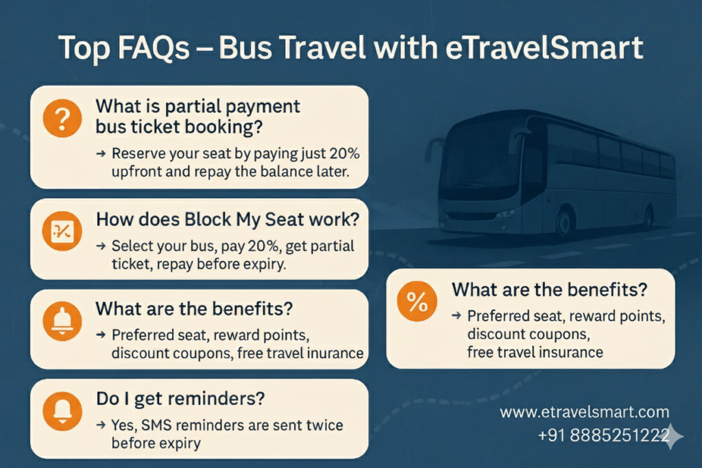 Top FAQs - Bus travel with eTravelSmart
Q1. How long does it take by bus from Hyderabad to Tirupati?
Around 10–12 hours depending on traffic and operator. 
Q2. What is the Hyderabad to Tirupati bus fare? 
₹700 – ₹1,500 depending on bus type and operator. 
Q3. Are RTC buses available from Hyderabad to Tirupati? 
Yes, APSRTC and TSRTC operate multiple daily services.
Q4. Can I book sleeper buses for Tirupati? 
Yes, AC and Non-AC sleeper options are available. 
Q5. Is partial payment booking available? 
Yes! With Block My Seat, pay only 20% upfront.