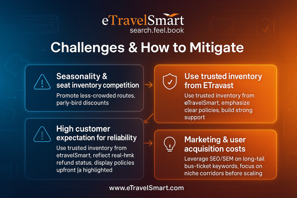 Challenges & How To Mitigate
Seasonality & seat inventory competition
High customer expectation for reliability
Payment & refund complexities
Marketing & user acquisition costs