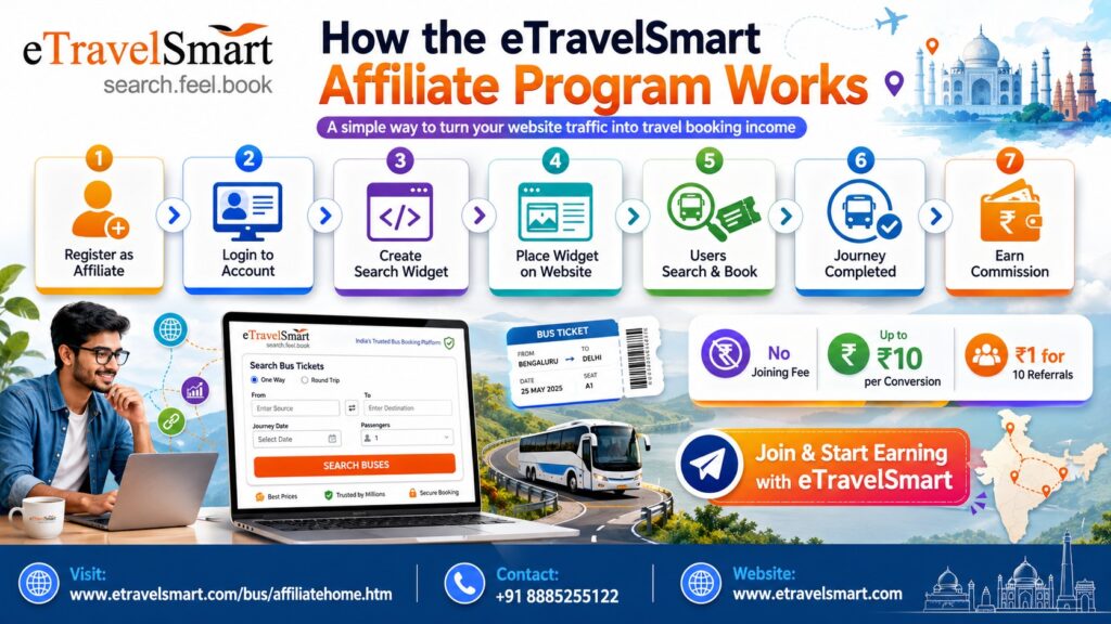 How the eTravelSmart Affiliate Program Works
The affiliate process is simple and easy to understand.
Register as an Affiliate
You can register for the affiliate program without paying any joining fee. This makes it easy for website owners and bloggers to get started without upfront investment.
Login to Your Affiliate Account
After registration, affiliates can log in and create a bus search form widget based on their website design and placement needs.
Create a Search Widget
The search widget allows visitors to search for buses directly from your website. This makes your website more useful because users can check bus availability without leaving the initial experience.
Place the Widget on Your Website
Once the widget is created, you can place it on your website. Depending on your layout, you can use it in the sidebar, blog page, home page, header area, or promotional section.
Customer Searches and Books Tickets
When a customer searches buses through your widget and books tickets in a single session, the conversion is tracked under your affiliate account.
Customer Completes the Journey
Commission is applicable when the customer completes the journey successfully, as per the affiliate program terms.
Earn Commission
Affiliates can earn up to ₹10 per conversion and ₹1 for every 10 referrals, based on the program rules.