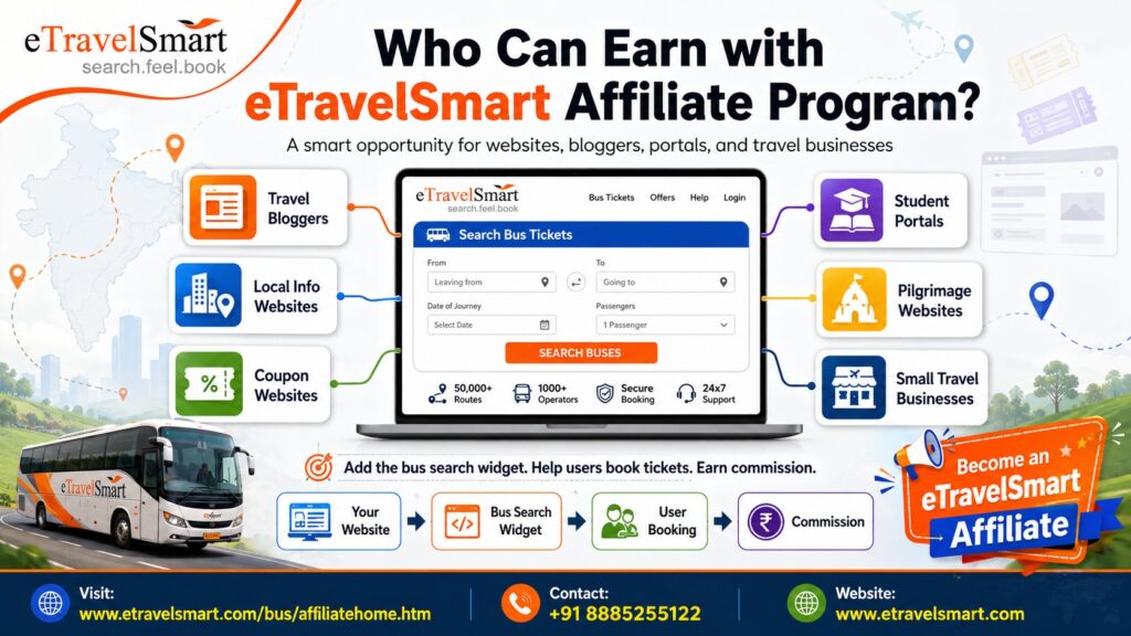 Who Should Use the Affiliate Program?
The eTravelSmart Affiliate Program can be useful for many types of publishers and businesses.
Travel Bloggers
Travel bloggers can add bus booking widgets to route guides, destination blogs, pilgrimage blogs, and holiday travel articles.
Local Information Websites
Websites that provide local city information can help users search buses to and from that city.
Coupon and Offer Websites
Since many users search for travel discounts and booking offers, coupon websites can benefit by promoting eTravelSmart bookings.
Student Portals
Students frequently travel between colleges and hometowns. Student-focused websites can use the widget to support regular travel bookings.
Pilgrimage Websites
India has many popular pilgrimage routes. Websites providing temple travel information can help users book bus tickets directly.
Small Travel Businesses
Travel agents, local tour operators, and regional travel service providers can use the affiliate program as an additional digital service.
