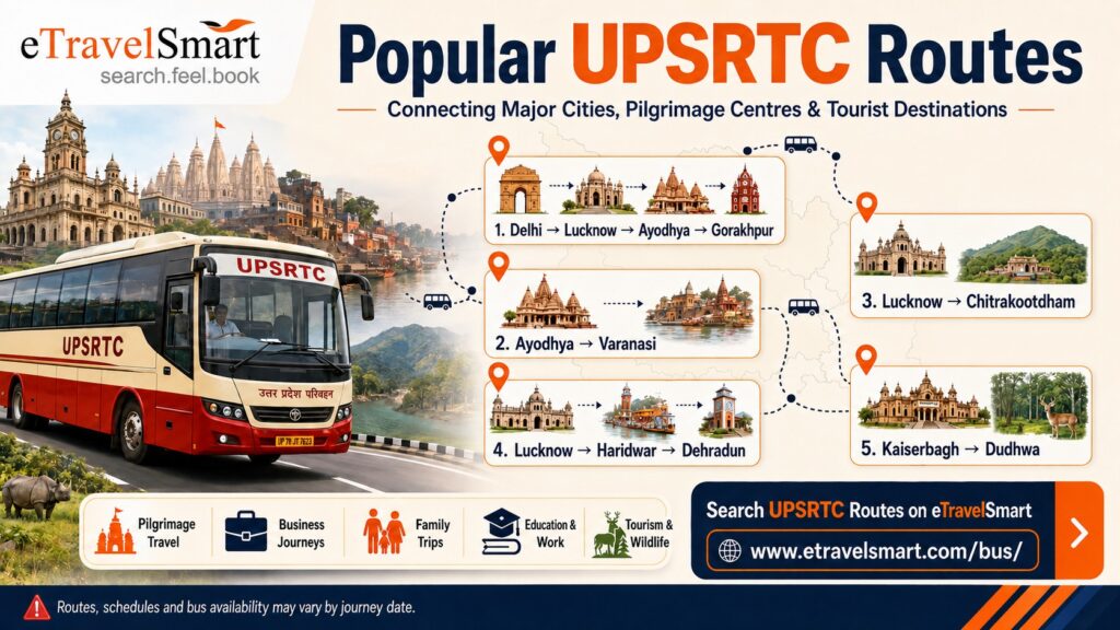 Popular UPSRTC routes
Connecting major cities, pilgrimage centers and tourist destinations 