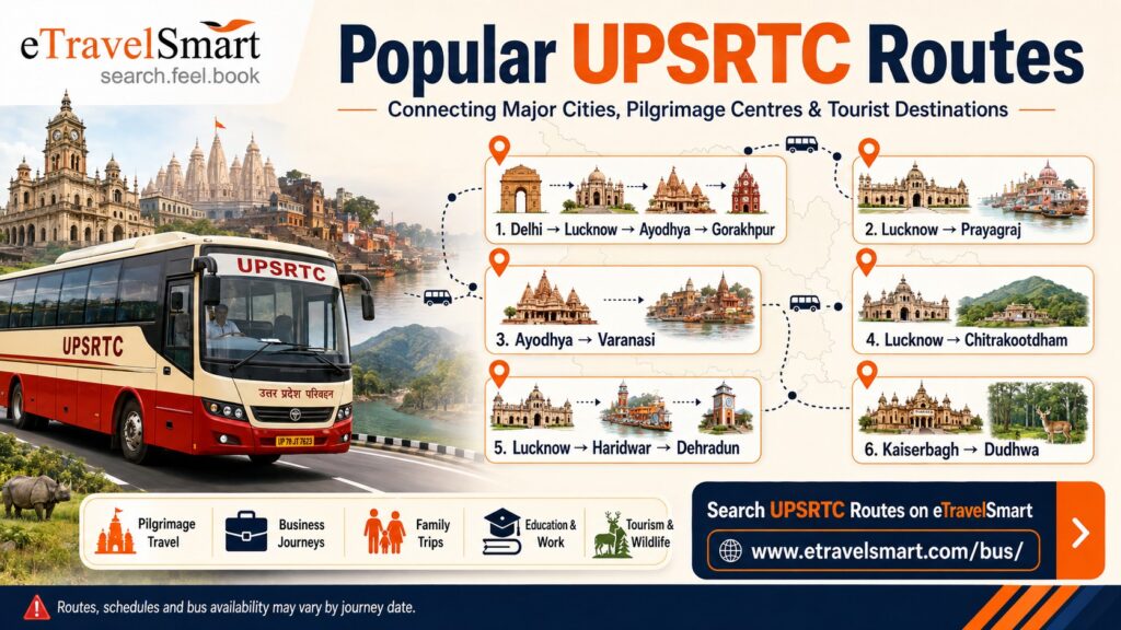 Popular UPSRTC routes
Connecting major cities, pilgrimage centers and tourist destinations 