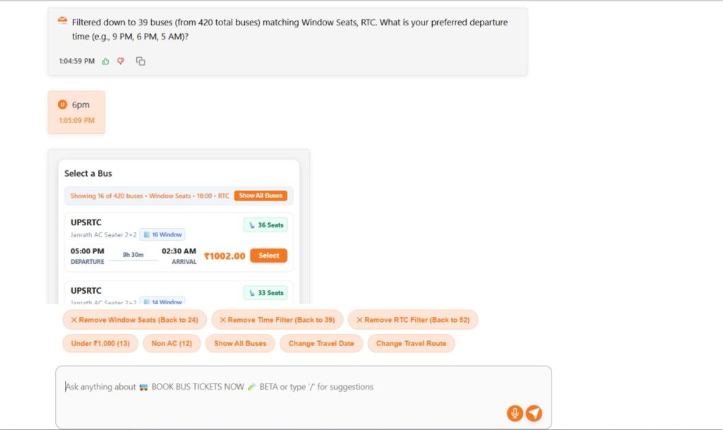 eTravelSmart AI bus search results filtered by departure time, window seats and RTC