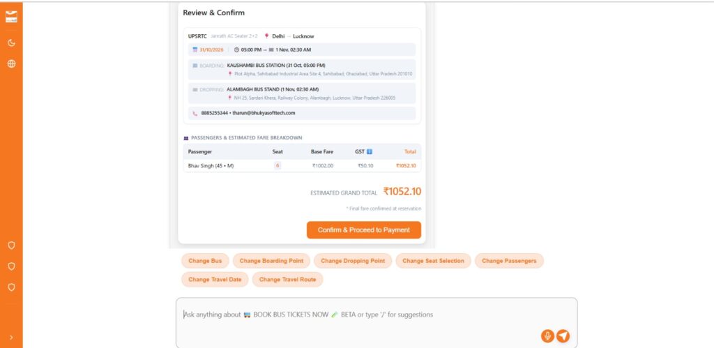 Reviewing bus booking details and fare breakdown on eTravelSmart AI Agent