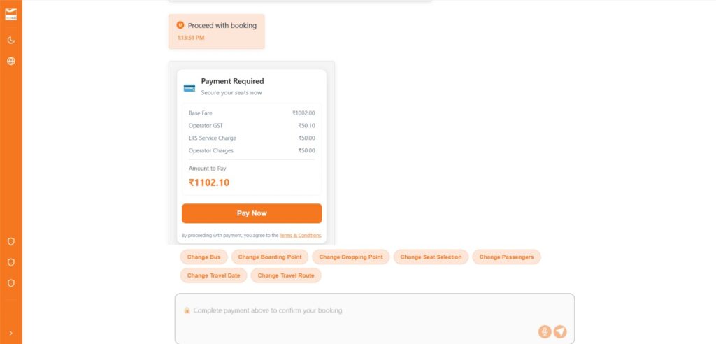 eTravelSmart AI Agent bus ticket payment screen with Pay Now option